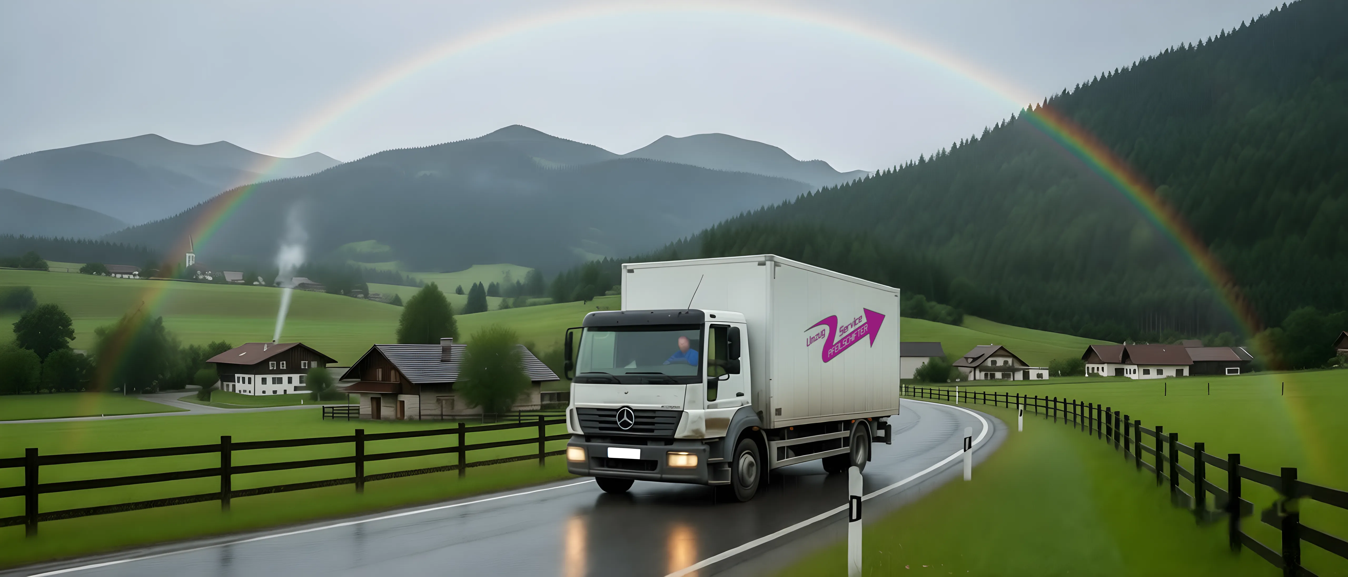 Mit KI erstelltes Bild eines Umzugswagens mit dem Firmenlogo auf einer Landstraße im Voralpenland, darüber ein Regenbogen