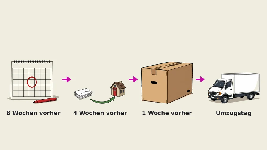 Gezeichnete Übersicht der Umzugsvorbereitung in vier Stufen, acht Wochen vorher, vier Wochen vorher, eine Woche vorher und der Umzugstag