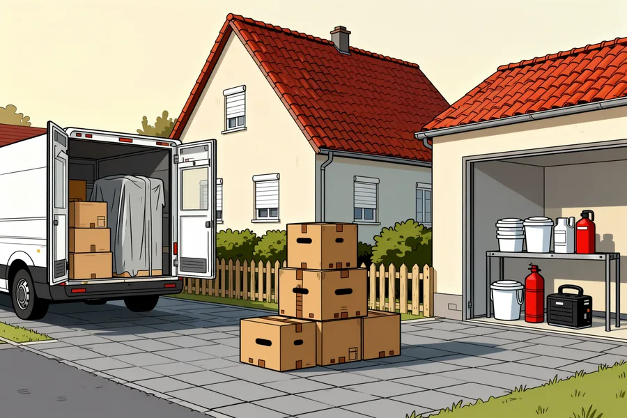 Zeichnung eines geöffneten weißen Transporters vor einem Haus mit rotem Ziegeldach, davor gestapelte Umzugskartons, daneben eine Garage mit einem Regal, auf dem Farbeimer, ein Kanister, eine Gasflasche und ein E-Bike-Akku abseits stehen