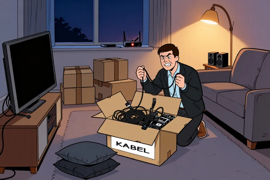 Gezeichnete Szene im neuen Wohnzimmer am Abend, Kalle kniet zwischen Fernseher und Sofa vor einem offenen Karton mit der Aufschrift KABEL voller schwarzer Kabel und Netzteile und schaut genervt auf zwei Kabel in seinen Händen, vor dem Fernseher liegt ein Stapel Sofakissen, auf der Fensterbank leuchtet der Router rot