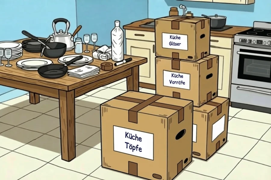 Gezeichnete Küche am Umzugstag, auf dem Tisch Geschirr, Pfannen und Seidenpapier mit schon eingewickelten Teilen, daneben zugeklebte und beschriftete Umzugskartons