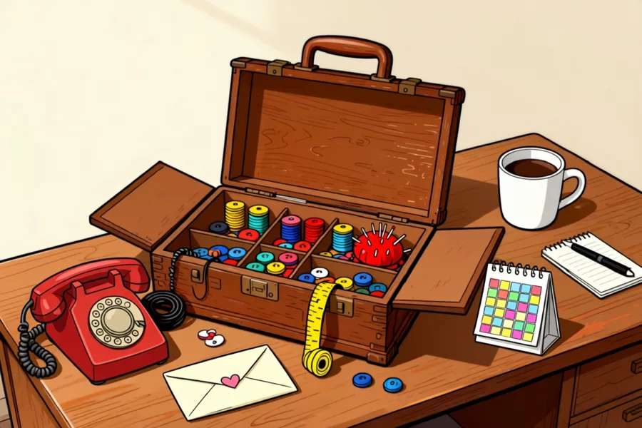 Gezeichnetes aufgeklapptes Nähkästchen aus Holz auf einem Schreibtisch, davor ein rotes Wählscheibentelefon, ein Briefumschlag mit kleinem Herz, ein Tischkalender voller bunter Zettel, eine Kaffeetasse und ein Notizblock