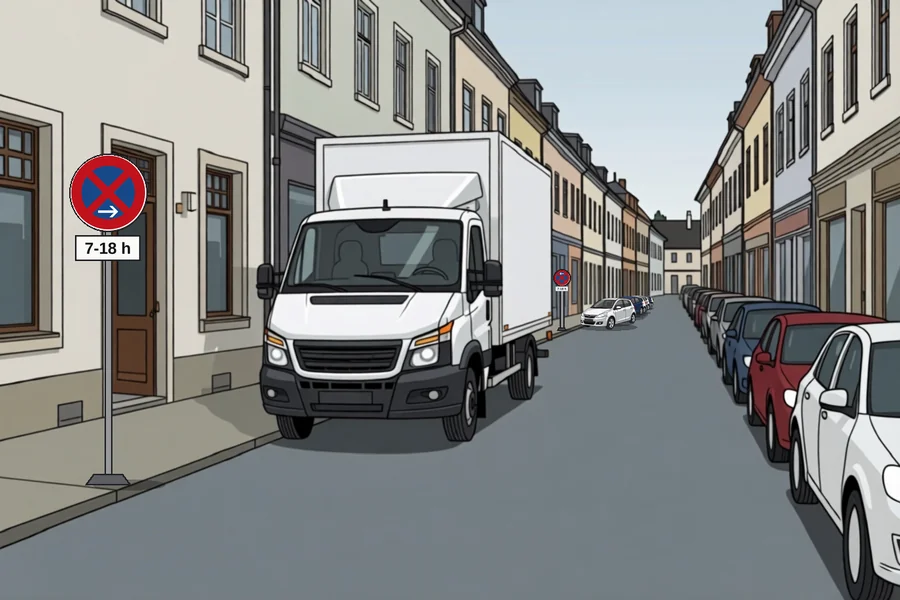 Gezeichnete Szene, ein Umzugswagen steht in einer Stadtstraße am Bordstein vor einer Haustür, davor und dahinter je ein Halteverbotsschild mit Zusatzschild, sonst sind beide Straßenseiten zugeparkt
