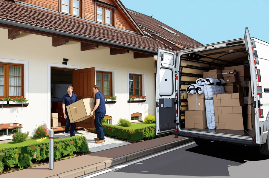 Gezeichnete Szene, zwei Helfer tragen Kartons in einen offenen Transporter