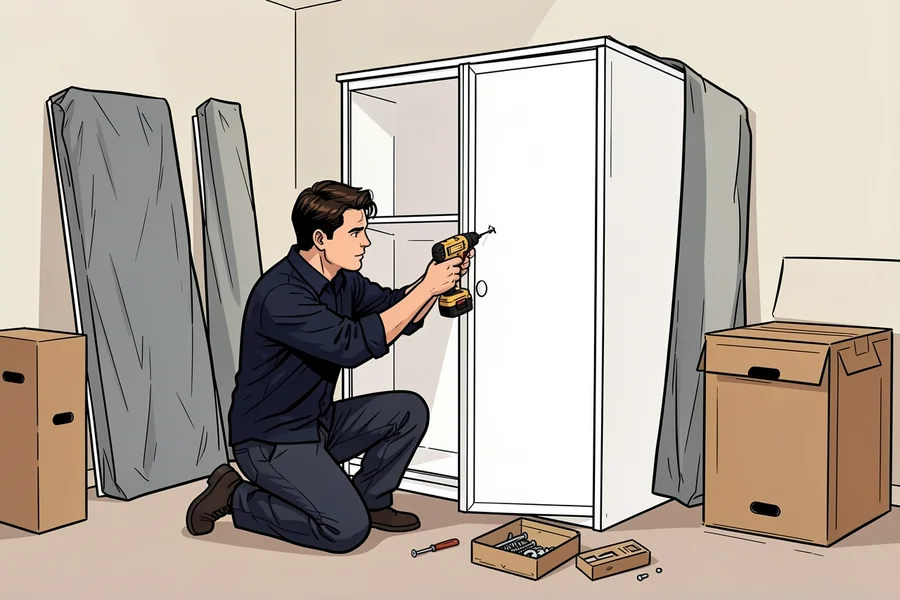Gezeichnete Szene, ein Umzugshelfer baut im leeren Zimmer einen Kleiderschrank wieder auf, daneben stehen in Decken gewickelte Schrankteile und Umzugskartons