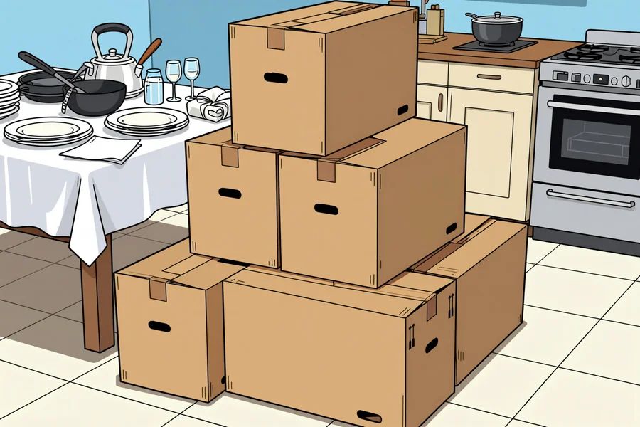 Gezeichnete Szene, fertig gepackte und zugeklebte Umzugskartons stehen bereit, auf dem Tisch dahinter warten Töpfe, Pfannen, Teller und Gläser mit Packpapier