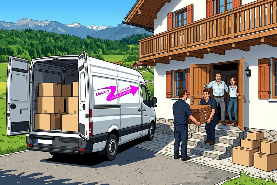 Gezeichnete Szene, zwei Umzugshelfer tragen eine Kommode die Treppe hinauf ins Haus, ein Paar hält ihnen die Tür auf, daneben steht ein Transporter mit offenen Hecktüren und dem Firmenlogo