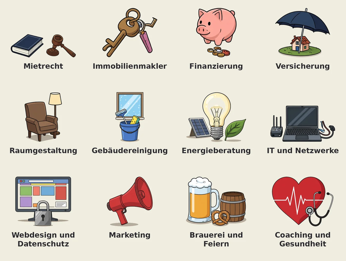 Gezeichnete Übersicht unserer Partner aus der Region, zwölf Gewerke von Mietrecht, Immobilienmakler und Finanzierung bis Gebäudereinigung, Energieberatung und Coaching